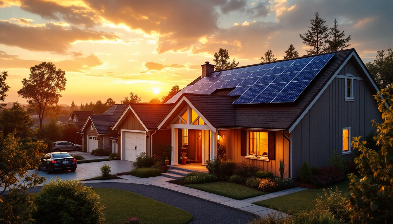Suburban home with rooftop solar panels at sunset